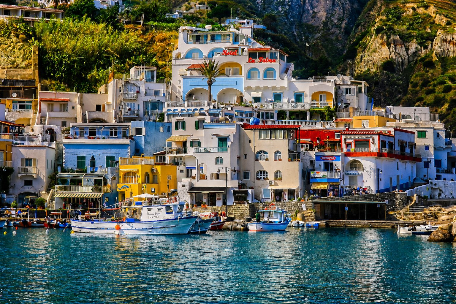 Le case color pastello di Sant'Angelo che digradano verso il suo piccolo porticciolo